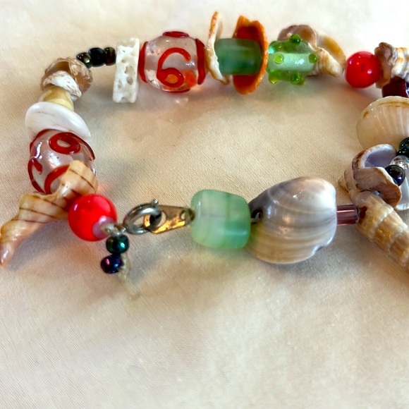 Seashells Beaded Bracelet- Orange Green Gulf of Mexico Beach Glass - Picture 4 of 4